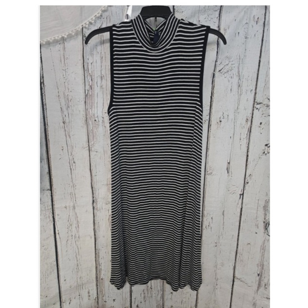 GAP Women's M Black White Striped Sleeveless Midi Tank Dress Mock Neck